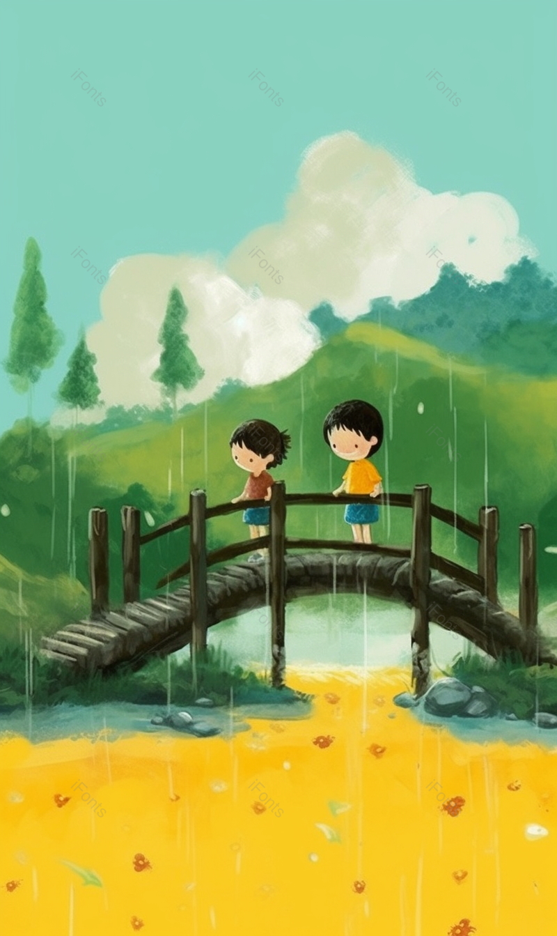 下雨天两个儿童过河卡通手绘插画,插画/手绘图,插画/手绘图库,插画/手绘图下载,插画/手绘